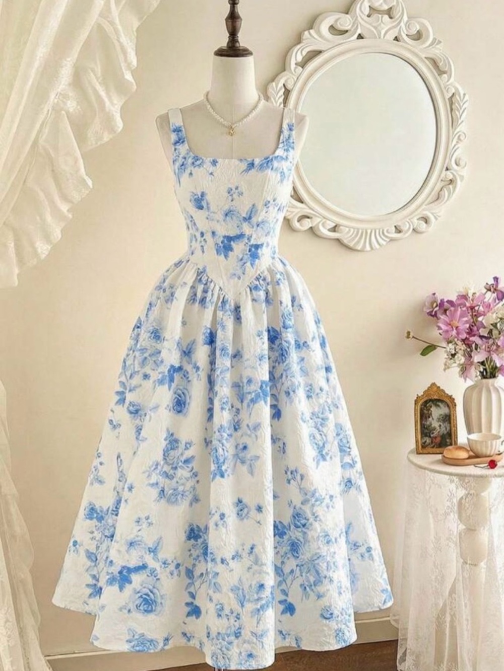 $25 Blue Floral Square-Neck Midi Dress - Elegant Women's Summer Dress New $25